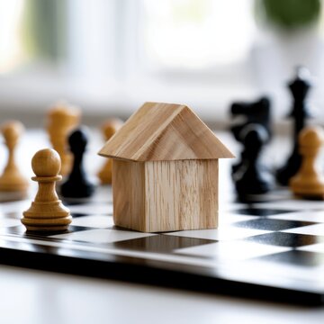 Wooden house model placed on chessboard surrounded by game pieces symbolizing strategy and planning in real estate or decision-making concepts