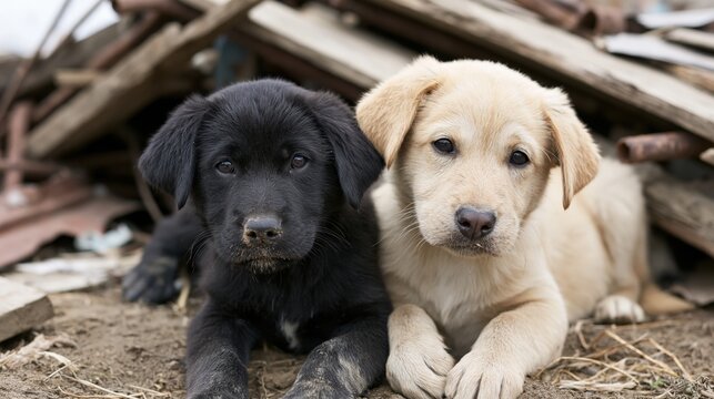 The Two Puppies Resting Together in a Rustic Outdoor Scene