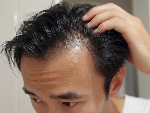 鏡の前で自分の生え際や頭頂部の薄毛を気にする悩めるアジア人男性のセルフチェック