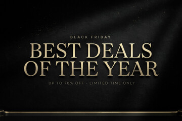 Fototapeta premium Black Friday Best Deals of the Year banner, elegant gold typography on dark fabric background, luxury retail sale promotion with 70% off discount