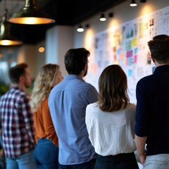 Obraz premium Group of creative professionals collaborating and analyzing a wall full of colorful sticky notes and project plans in a modern office environment