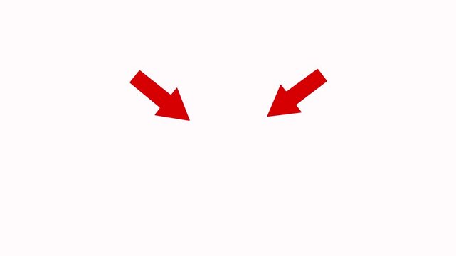Two bright red pointing arrows animation on white background. Red arrows pointing to the center for emphasis and hocus animation. Arrows pointing inwards to highlight concept