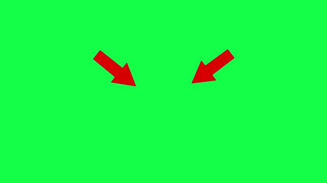 Two bright red pointing arrows animation on green background. Red arrows pointing to the center for emphasis and hocus animation. Arrows pointing inwards to highlight concept