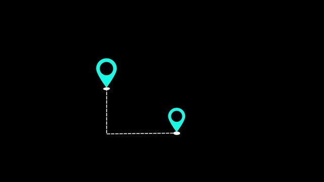 Minimal two map location pins connected by a dotted line animation on black background. Navigation GPS map markers connected by dashed line path showing route movement