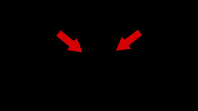 Two bright red pointing arrows animation on black background. Red arrows pointing to the center for emphasis and hocus animation. Arrows pointing inwards to highlight concept