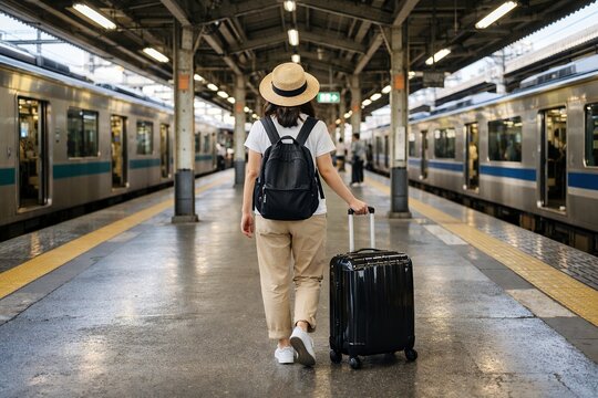 駅のホームでリュックを背負いスーツケースを引きながら電車を待つ旅行中の後ろ姿の女性