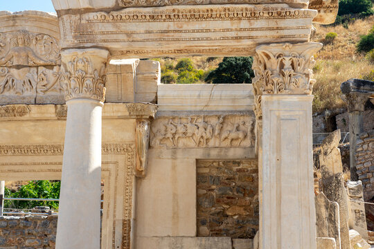 View of the intricate marble carvings and Corinthian columns at the Temple of Hadrian in the Ephesus Ancient City, Selcuk, Izmir, Turkiye.