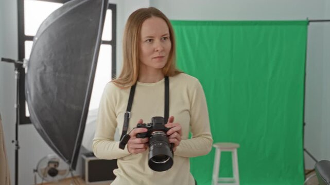 Young woman photographer holding dslr camera to her eye, pressing shutter while standing before a green screen studio backdrop; joyful creativity.