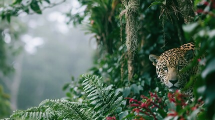 Obraz premium The Leopard Peeking Through Verdant Jungle Foliage in Misty Green Light
