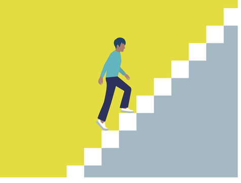Businessman walking up the stairs to success. Stylish vector illustration of career growth, ambition, and achieving goals.