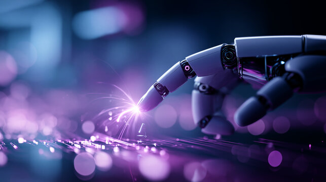 Close-up of a humanoid robot finger gently touching a glowing digital interface