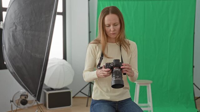 Woman holds a dslr camera, adjusts lens with both hands amid green screen, softbox and stool in a photography studio; pensive preparation.