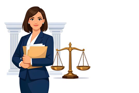 Flat vector illustration of female lawyer holding document folders with scale of justice and columns in background with copy space.
