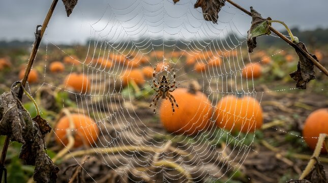 Spider on a dewcovered web in a pumpkin patch
