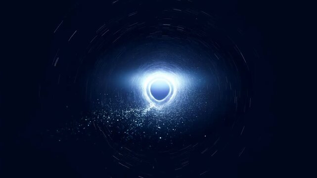 Deep space holds a glowing black hole. Bright light bends around its swirling core. Stardust dances in chaotic motion. 
