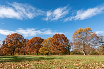 Obraz premium The Autumn Trees in a Tranquil Park Under a Bright Blue Sky