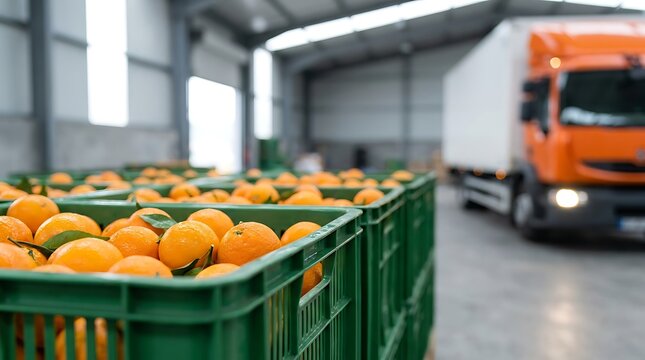 Oranges in crates at warehouse with truck for transportation and distribution.