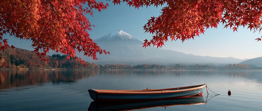 Serene escape to iconic Japan a lone wooden boat drifts beneath crimson maple canopy as snowcapped Mount Fuji rises above a mirrorstill lake in peak autumn foliage.