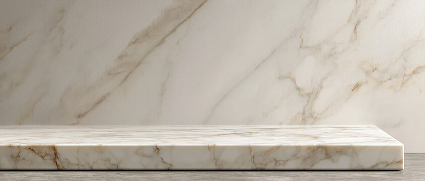 Elegant cream marble platform and matching backdrop create a premium product display stage. Ideal for beauty, cosmetics, or luxury brand mockups. Warm gold veining adds sophistication.