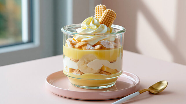 Delicious banana pudding dessert in a glass jar topped with whipped cream and cookies
