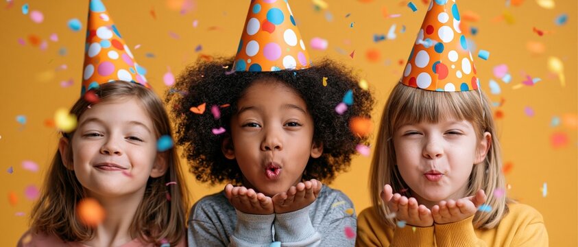 Pure childhood joy captured as three diverse girls in polka dot party hats blow confetti on vibrant orange background. Perfect for birthday invitations, event marketing, and inclusive family.