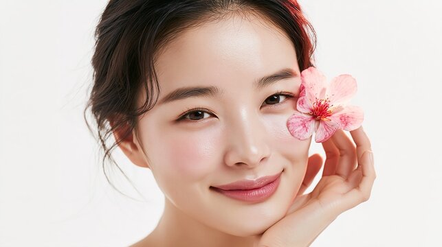 Beauty close-up of smiling East Asian woman holding pink flower near her eye, glowing flawless skin with delicate romantic floral touch.