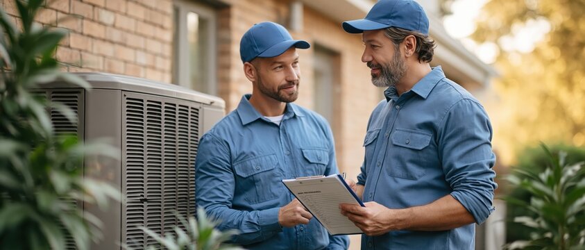 Two professional HVAC technicians in matching blue uniforms review a service checklist beside an outdoor AC condenser unit. Ideal for home services, maintenance, and repair industry.