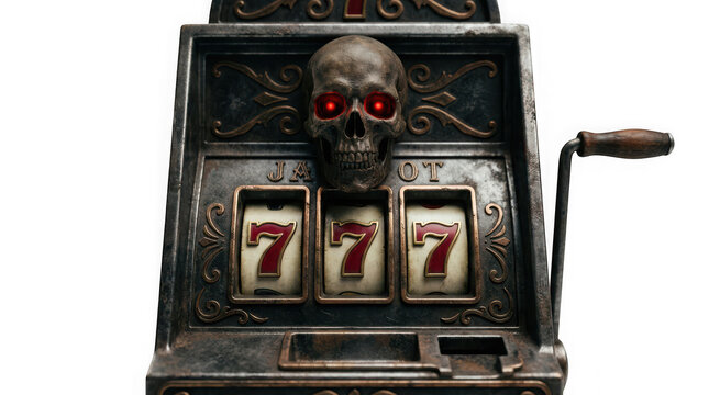 Sinister gothic slot machine with a skull and glowing red eyes isolated on transparent background