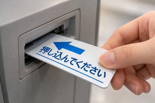 ATMのカード挿入口に矢印付きの案内板を差し込んで操作する右手のクローズアップ
