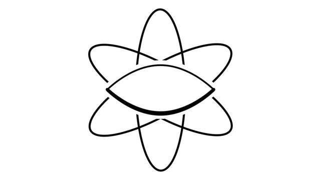 An atom shape with orbiting elliptical rings and a single eye at its center symbolizing scientific insight deep awareness or analytical understanding