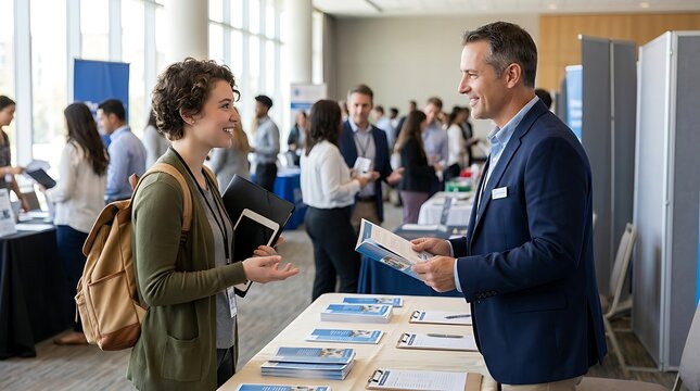 Professional man in blue suit talks to student at career fair booth with tables filled with brochures and information pamphlets about job opportunities in office.