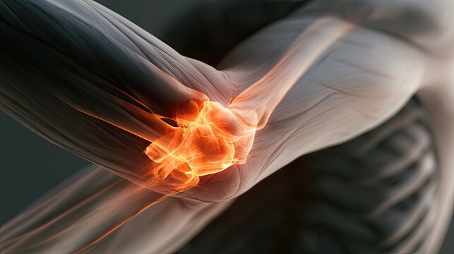 Close-up medical illustration of a human elbow joint with inflamed bone and surrounding musculature