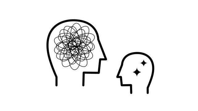 A head filled with tangled messy scribbles sits beside a smaller sparkling head symbolizing confusion gradually transforming into clarity and insight