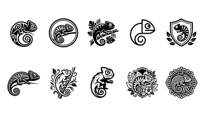 Fototapeta premium Chameleons in Ornate Black and White Decorative Icon Designs