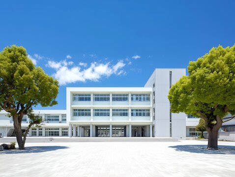 青空の下にそびえ立つ白い校舎と緑豊かな木々が美しい無人の学校の校庭と外観の写真