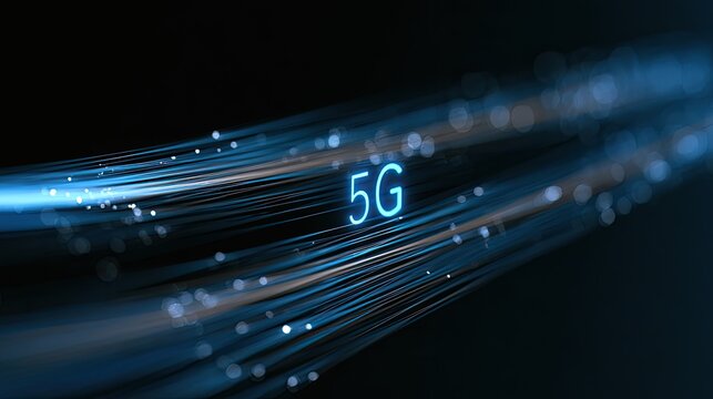 Abstract streaks of light in blue and white with the text "5G" glowing