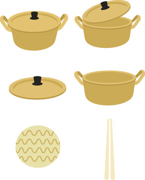 set of ramyun pots, lids, noodles, and chopsticks with transparent background