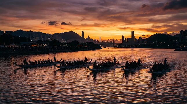 Dragon Boat Racing During Sunset at Shing Mun River in Hong Kong.