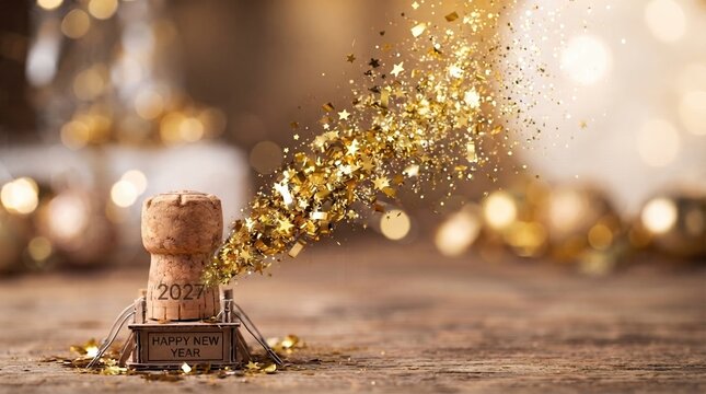 champagne cork marked 2027 launching golden star confetti from a small base with happy new year text on a wooden table
