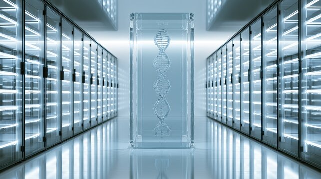 Futuristic server room with glowing DNA helix in a central display