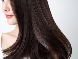 Naklejka premium 艶やかなブラウンのロングヘアが美しく光を反射する清潔感のある肌の女性のクローズアップ