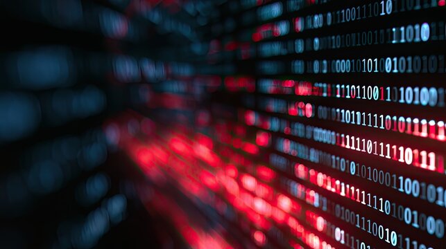 Red and blue binary code streams into a dark, blurred digital abyss