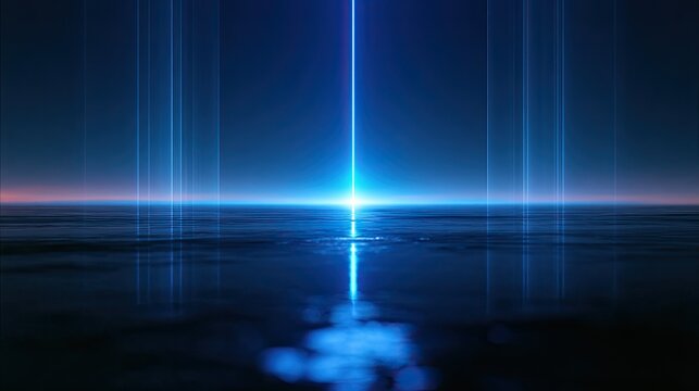 A powerful beam of light pierces the dark, reflected on a wet, vast expanse