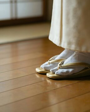 Primer plano de pies vistiendo calcetines tabi y sandalias zori con kimono tradicional japon&eacute;s