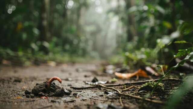 Peque&ntilde;a lombriz saliendo de la tierra en un sendero de un bosque h&uacute;medo y frondoso