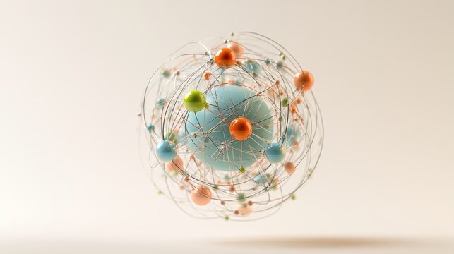 Abstract atomic model with colorful spheres orbiting a central core