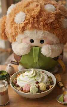 Mu&ntilde;eco de peluche de hongo tierno mirando un plato de postre o helado decorado con dulces en forma de flor