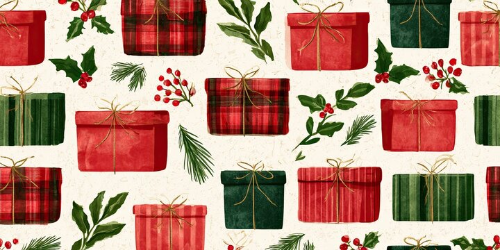 Festive holiday gift boxes and foliage pattern on textured cream background