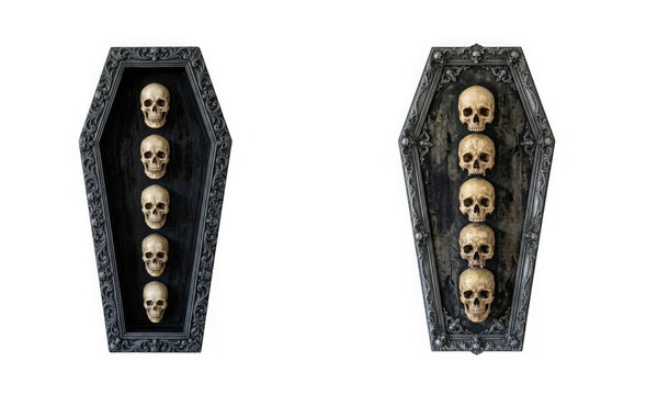 Two gothic coffin frames with five human skulls inside isolated on transparent background