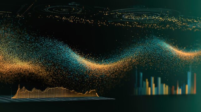 Abstract digital data visualization with flowing particle streams and charts